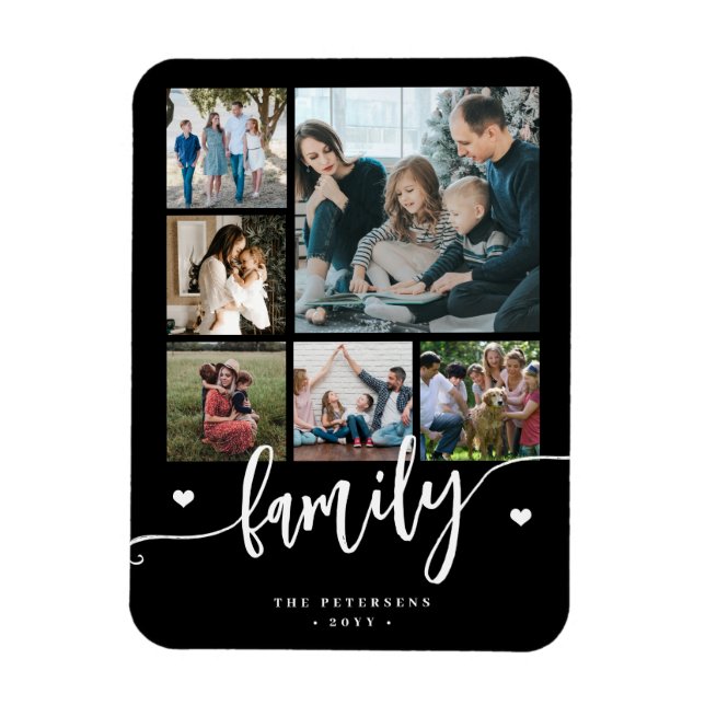 6 familjefoto collage svart och vit skrift  magnet (Vertikal)