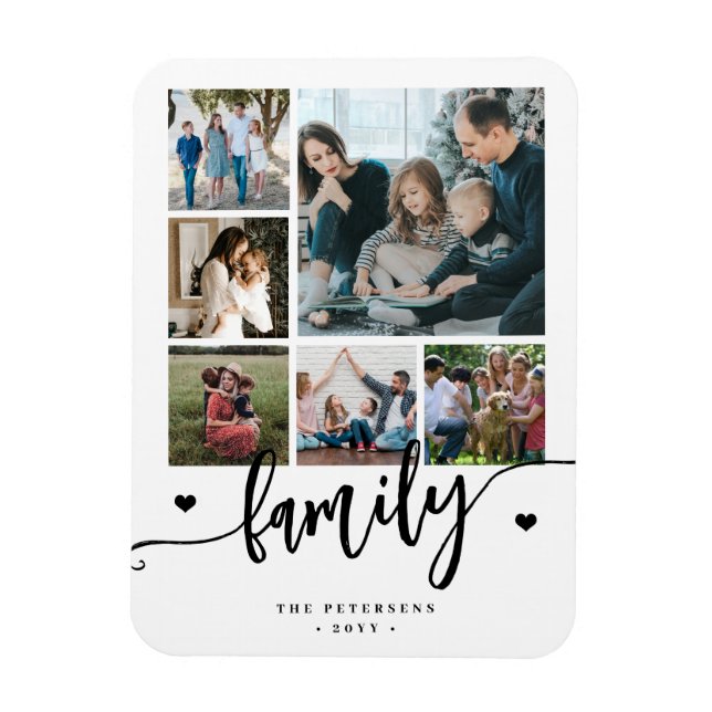 6 family photo collage black and white script  magnet (Vertikal)