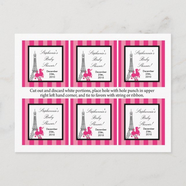 6 Favoritmärkningar Rosa Pudel Paris Eiffel Torn Inbjudan Vykort (Framsida)