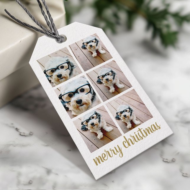 6 Foto Collage God Jul Skript Guld Stjärnor Presentetikett (Custom Photo Gift Tag - Add your pictures and text)