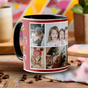 6 Foto Collage Lövverk Röd Jul Familj Mugg