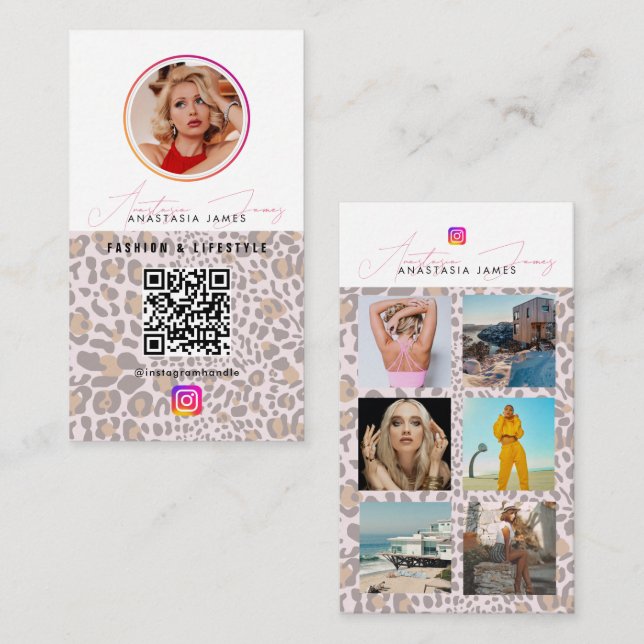 6 Foto Grid Social Media QR Kod Leopardutskrift Visitkort (Fram/baksida)