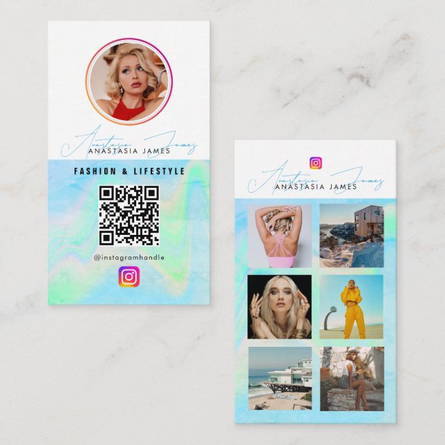 6 Foto Mata Grid Social Media Blue HoloGraph Visitkort (Fram/baksida)