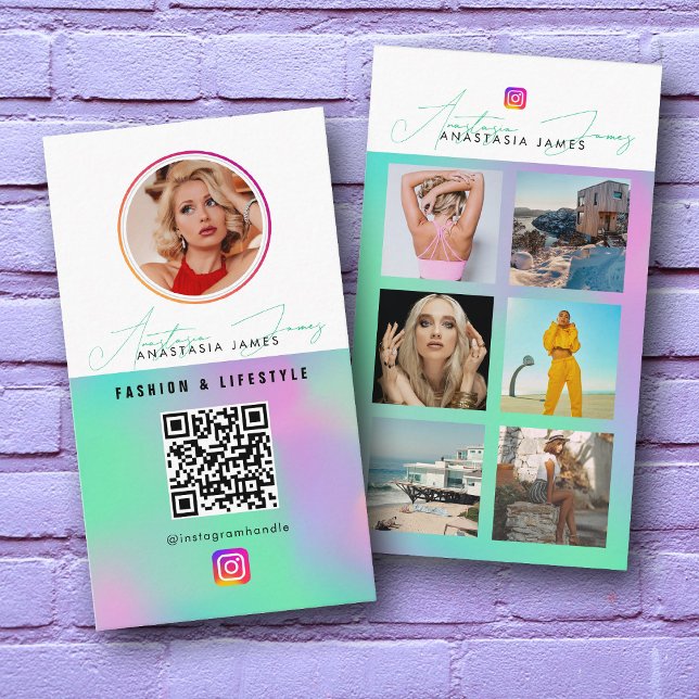6 Foto Mata Grid Social Media QR-kod Holografisk k Visitkort (6 Photo Feed Grid Social Media QR Code Holographic Business Card)
