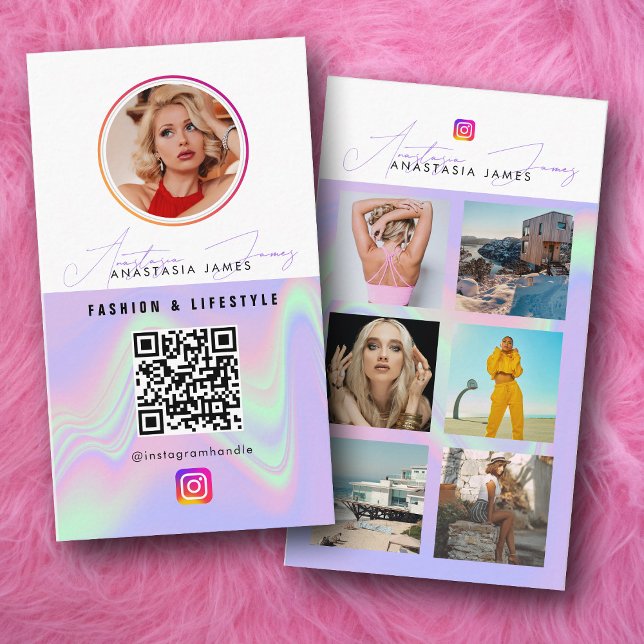 6 Foto Mata Grid Social Media QR-kod Holografisk k Visitkort (6 Photo Feed Grid Social Media QR Code Holographic Business Card)