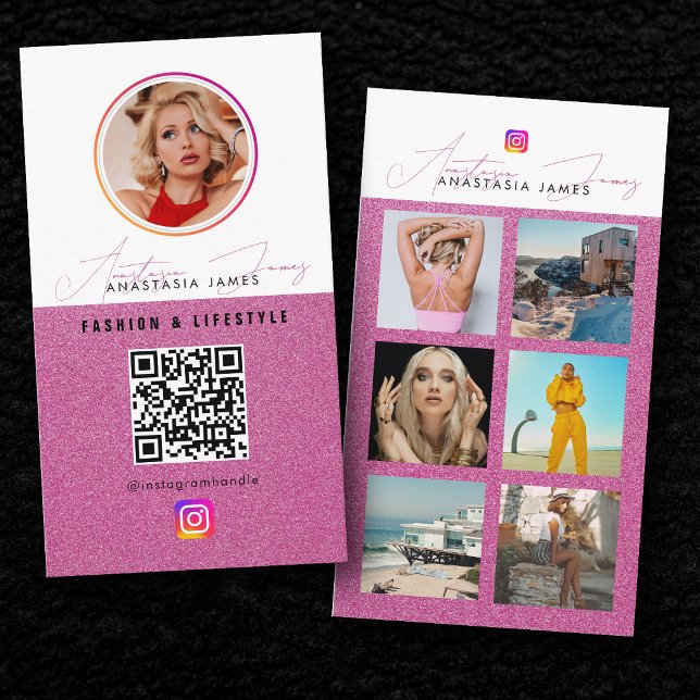 6 Foto Mata Grid Social Media QR-kodens Rosa Visitkort (6 Photo Feed Grid Social Media QR Code Pink Business Card)