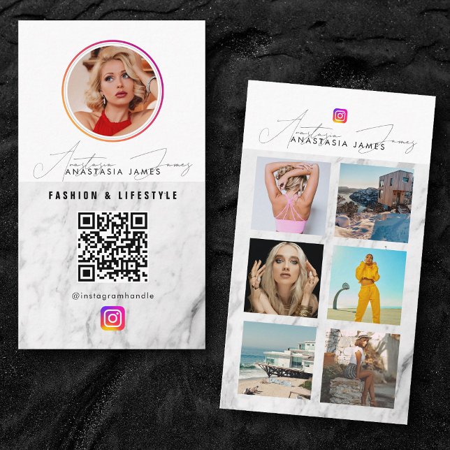 6 Foto Mata Grid Social Media QR-kodmarkör för Gri Visitkort (6 Photo Feed Grid Social Media QR Code Marble Business Card)