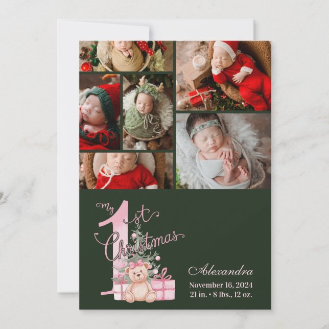 6 Foto Rosa Grön Baby Första Jul Julkort (Framsida)