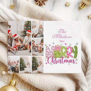 6 Foto Rosa Grön Slinga Träd God Jul Julkort