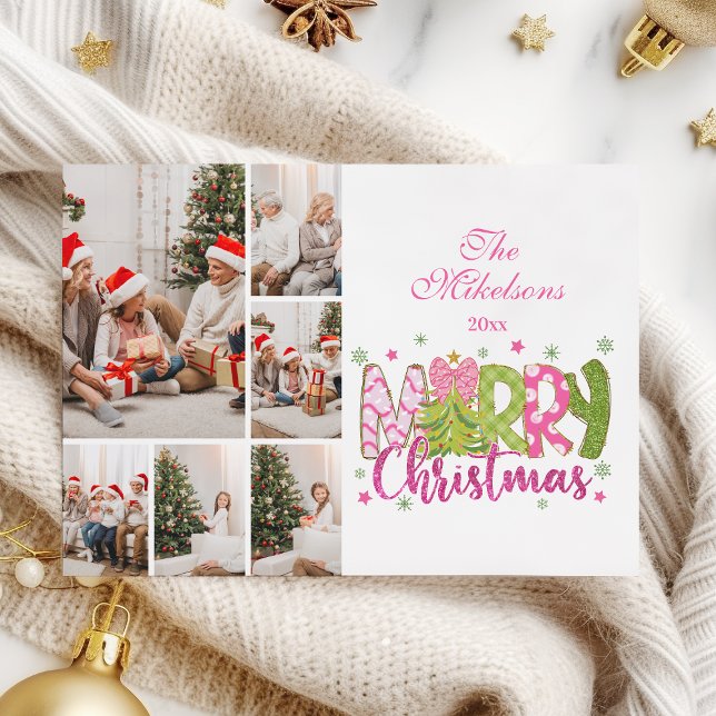6 Foto Rosa Grön Slinga Träd God Jul Julkort (Skapare uppladdad)