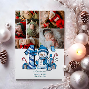 6 Fotoblått Snögubbe - första jul Julkort