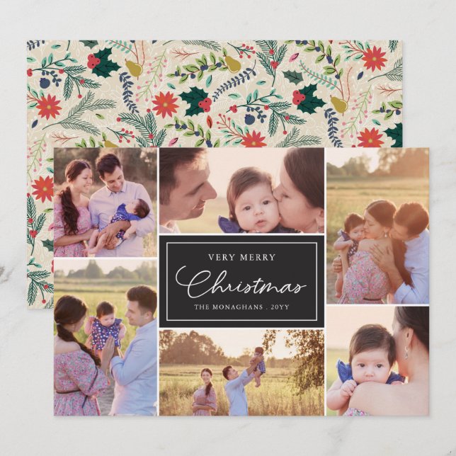6 Fotocollage | Blommönster Jul Svart Julkort (Fram/baksida)