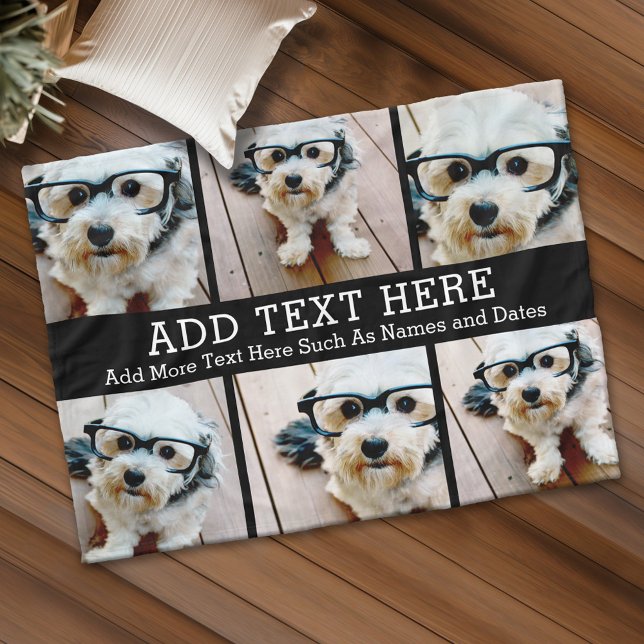 6 Fotokollage 2 Linjer text - CAN Edit Black Fleecefilt (Custom Fleece Blanket - Add Photos and Text)