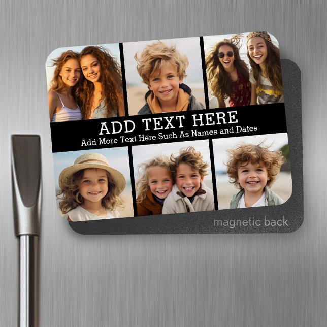 6 Fotokollage 2 Linjer text - CAN Edit Black Magnet (Personalized fridge magnet - add photos and custom text)