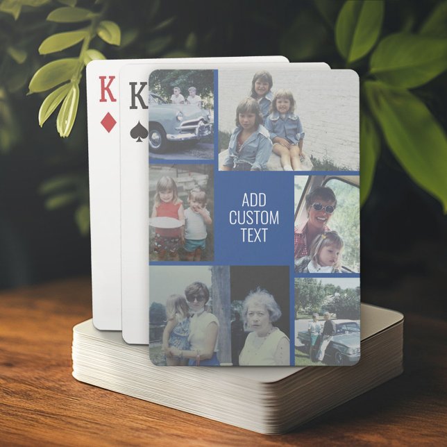 6 fotokollage - blå bakgrund - vit text casinokort (Custom Poker Playing Cards)