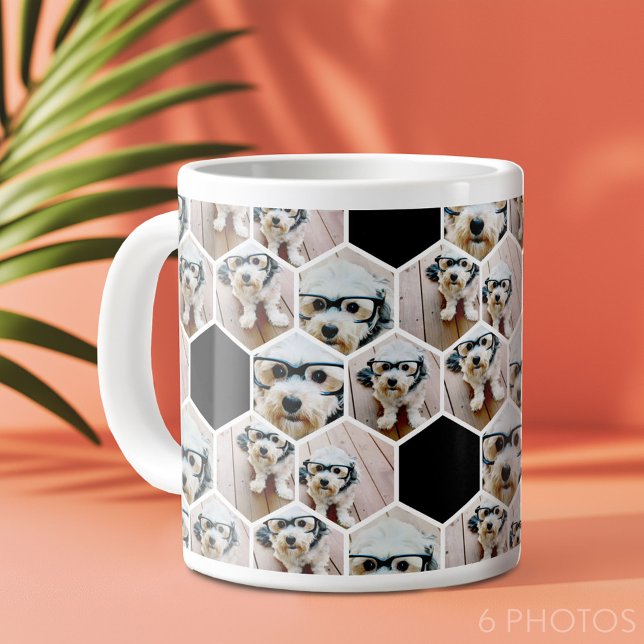 6 Fotokollage - funky hexagon mönster Jumbo Mugg (6 photo personalized coffee mug in a fun hexagon pattern)