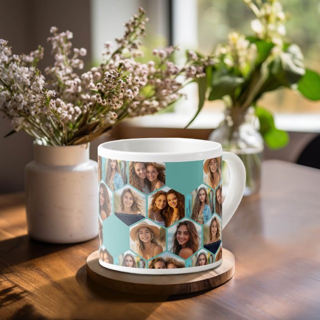 6 Fotokollage - funky hexagonmönster teal Espressomugg (Espresso Mug with Photo Pattern Design)