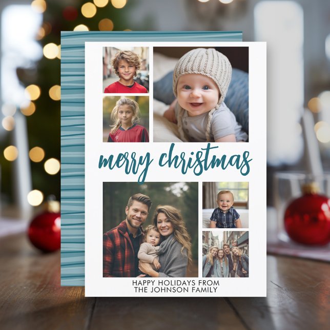 6 Fotokollage Glatta God jul blue rand Julkort (Modern Christmas Photo Greeting Card)