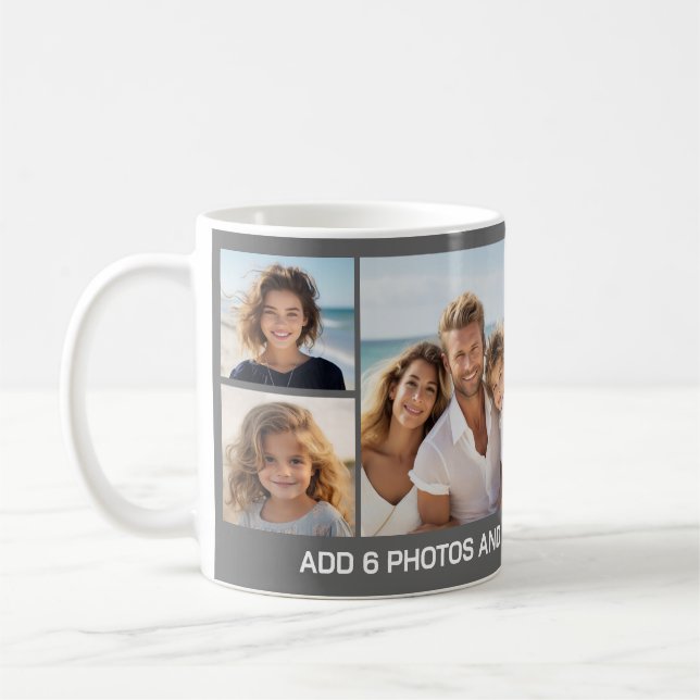 6 Fotokollage - Grå bakgrund med vit text Kaffemugg (Vänster)