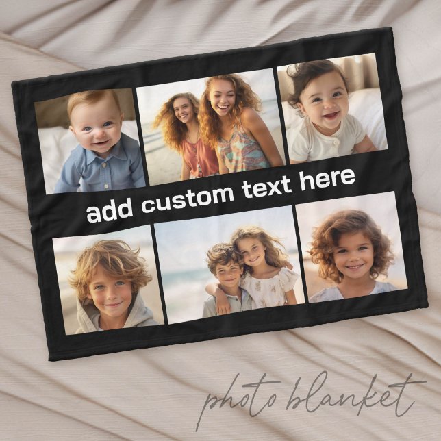 6 Fotokollage Grid - Vit Anpassad text - Svart Fleecefilt (Custom Fleece Photo Blanket)