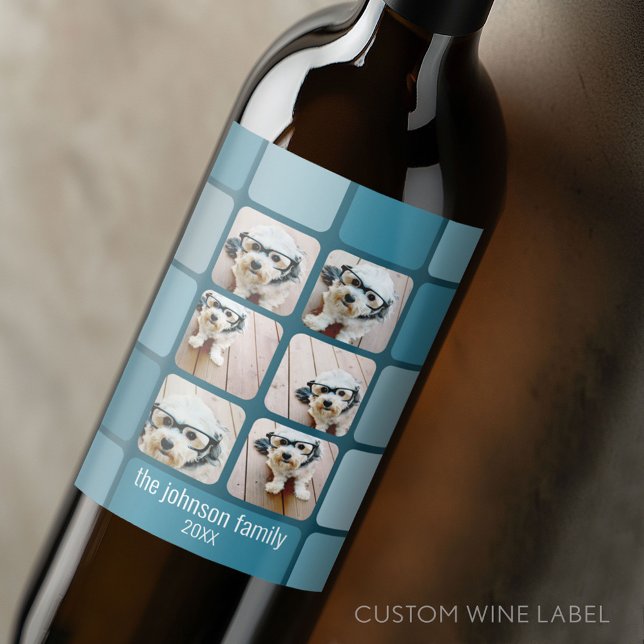 6 Fotokollage med Blues Retro Font Namn Vinflaska Etikett (Custom Wine Bottle Label - Personalize a Sticker for a fun gift or memento)