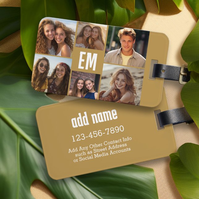 6 Fotokollage med Guld Monogram och text Bagagebricka (Photo Collage Luggage Tag)