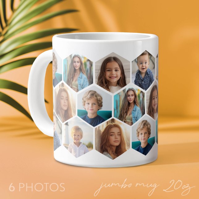 6 Fotokollage - rolig bikupemönster - vit Jumbo Mugg (Photo Mug - add 6 photos to make a personal gift - photos repeat over the mug)