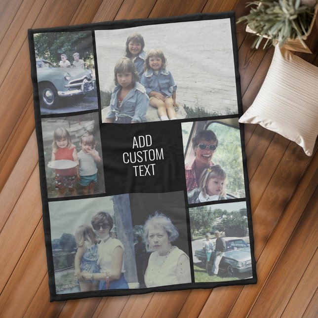 6 fotokollage - svart bakgrund - vit text fleecefilt (Personalized fleece blanket with 6 photos and text)