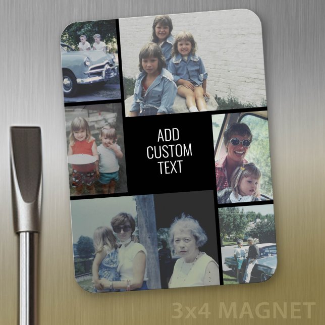 6 fotokollage - svart bakgrund - vit text magnet (Personalized magnet with photo collage and text)