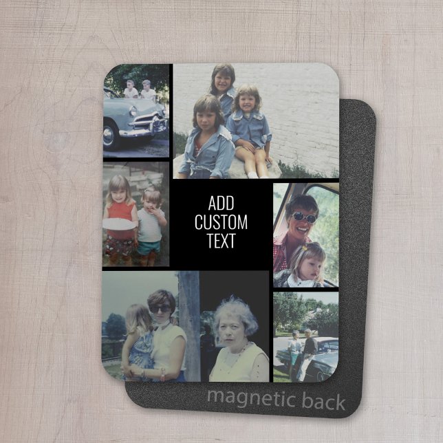 6 fotokollage - svart bakgrund - vit text magnet (Personalized magnet with photo collage and text)
