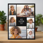 6 fotokollage - svart bakgrund - vit text vykort<br><div class="desc">6 foton i ett ojämn mönster omger ett öppningsområde för tre linjer text. Använda 2-beskurna foton och 4-lodräts foton för att få det här att fungera! Bakgrunden är ett solitt färg. Om du vill ändra färg klickar du på det avancerade designområdet och ser fler alternativ.</div>