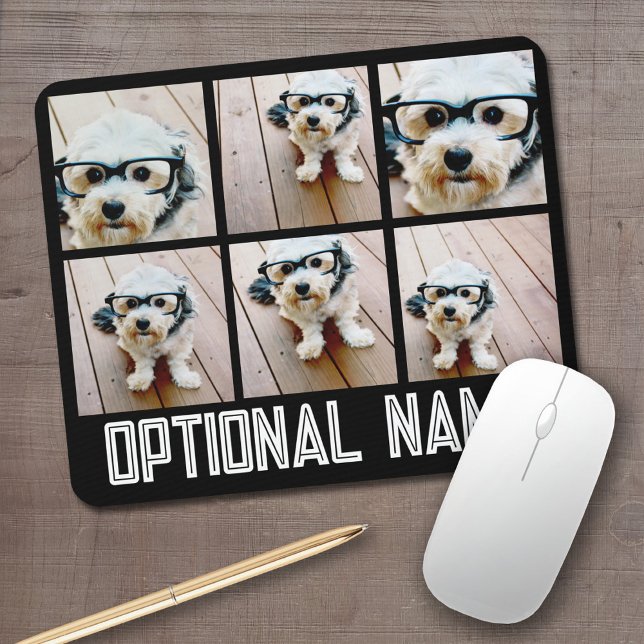 6 Fotokollage - svart med fet namn i vitt Musmatta (Personalized mouse pad with your photos and text)