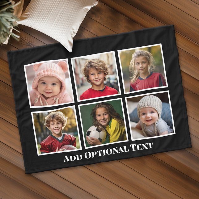 6 Fotokollage svart med vit text - stora foton Fleecefilt (Personalized fleece blanket with 6 photos and custom text)