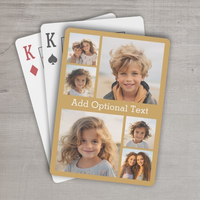 6 Fotokollage - tillvalstext - Guld Casinokort (Personalized Playing Cards - 6 Photo Collage)