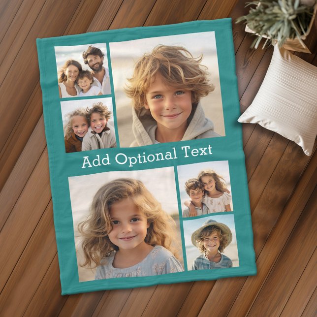 6 Fotokollage - valfri text - CAN Redigera Färg Fleecefilt (Personalized fleece blanket with 6 photos and custom text)
