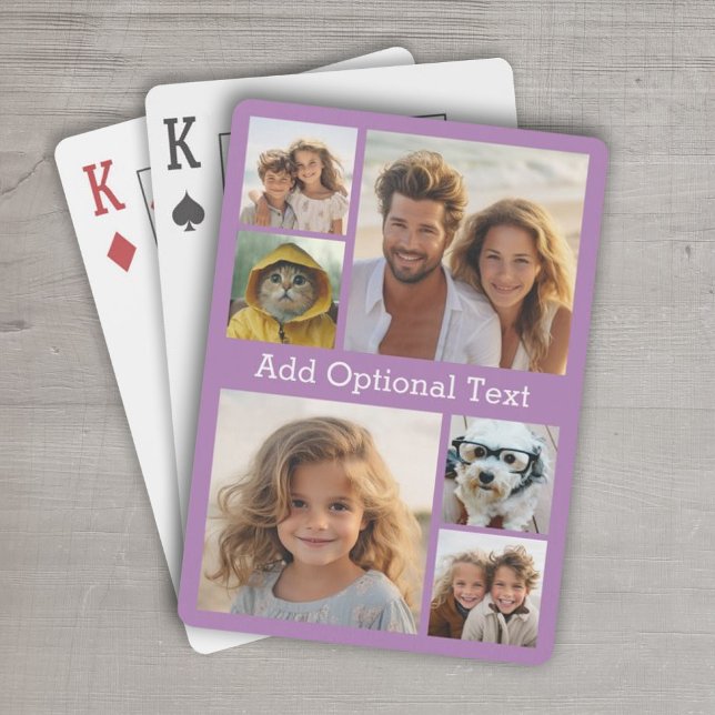 6 Fotokollage - valfri text - lavender Casinokort (Personalized Playing Cards - 6 Photo Collage)