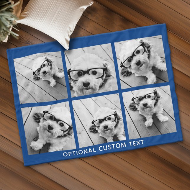 6 Fotokollage Valfri text - royalet blått Fleecefilt (Custom Fleece Blanket - Add Photos and Text)