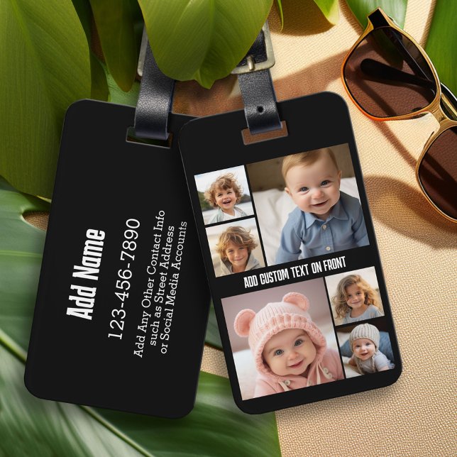 6 Fotokollage, valfri text - svart Bagagebricka (Personalized Luggage and Bag Tag)