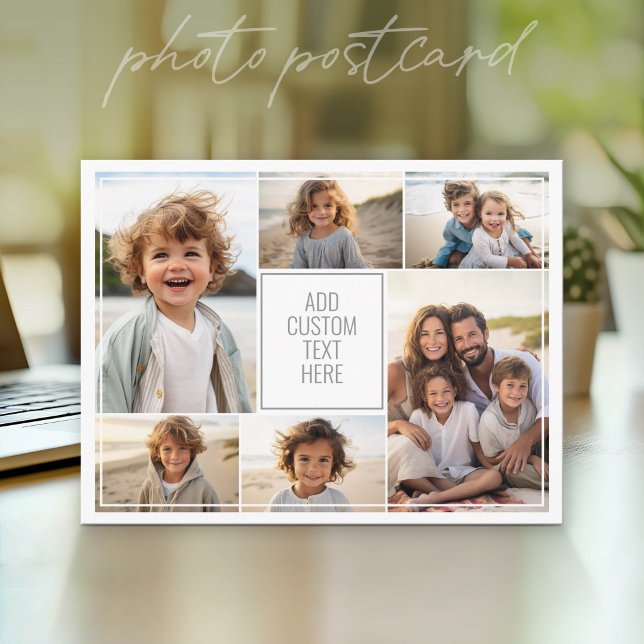 6 fotokollage - vit bakgrund - grå text vykort (Photo Postcard that You Can Customize with your favorite photos - Modern, minimal design)