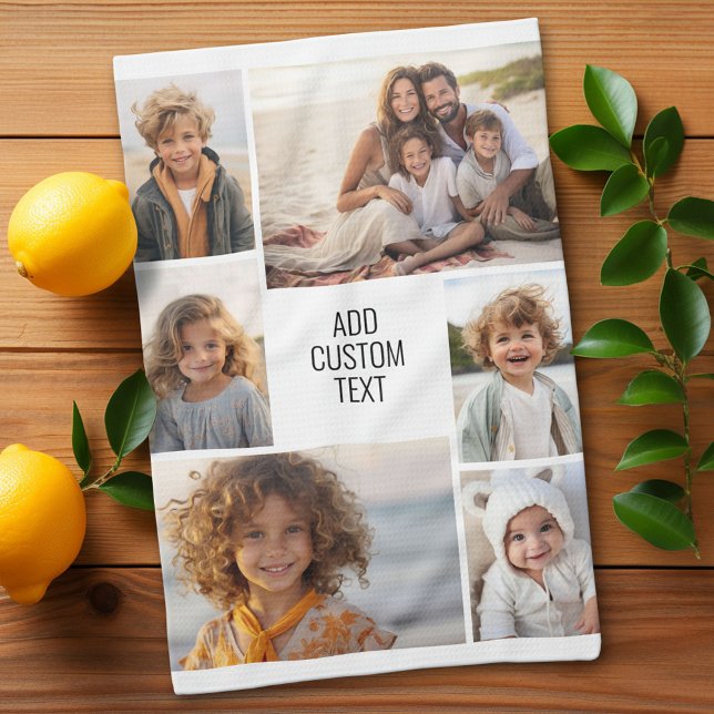 6 fotokollage - vit bakgrund - svart text kökshandduk (Custom Kitchen Towel with a Photo Collage)