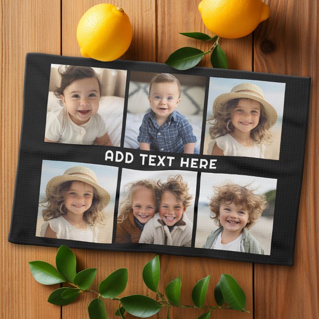 6 foton med vit text på svart kökshandduk (Custom Kitchen Towel with Photo Collage)