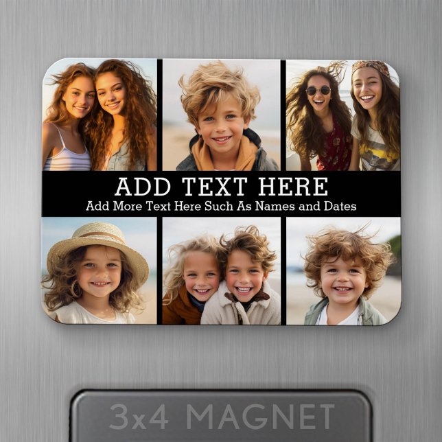 6 Fotoskollage 2 textrader --KAN redigera svart Magnet (Personalized fridge magnet - add photos and custom text)