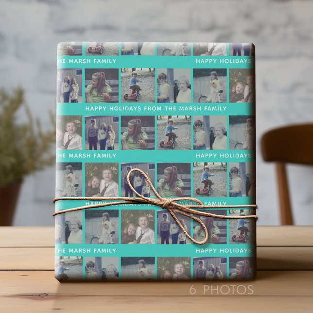 6 Fotoskollage med Glad jul text Aqua Teal Presentpapper (Custom Photo Wrapping Paper)