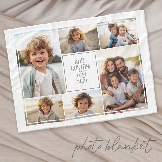 6 fotoskollage - vit bakgrund - grå text fleecefilt (Custom Fleece Photo Blanket)