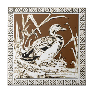 #6 i 12 Repro 1880s Minton Mocha Bird Series Kakelplatta