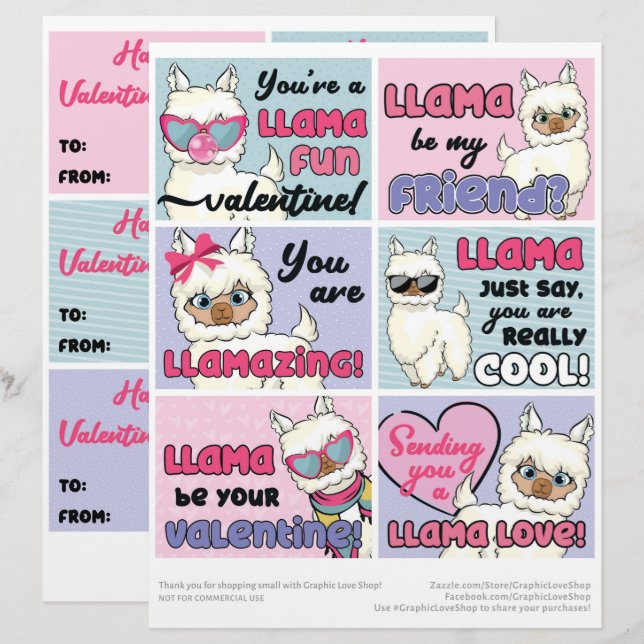 6 Llama Kids klassrumsvalentin kort (Fram/baksida)