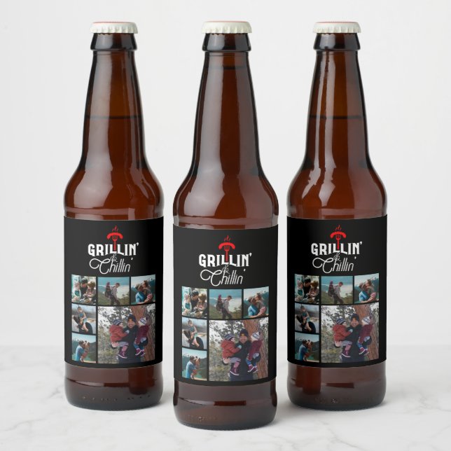 6 Photo Collage Fars dag Grillin' & Chillin' Ölflaska Etikett (Flaskor)