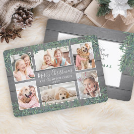 6 Photo Collage jul Greenery & Grått Wood Julkort