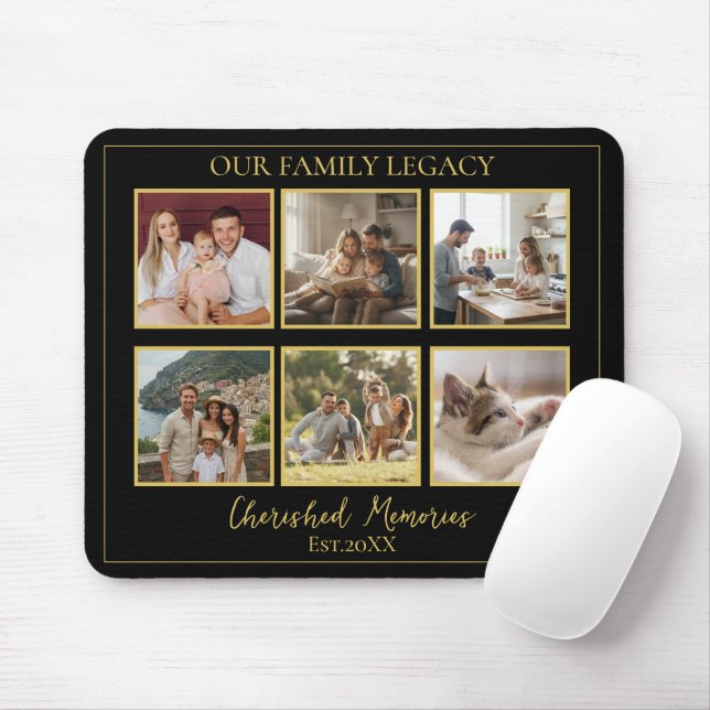 6 Photo Collage Minimalist Black Gold Mouse Pad Musmatta (Med mus)