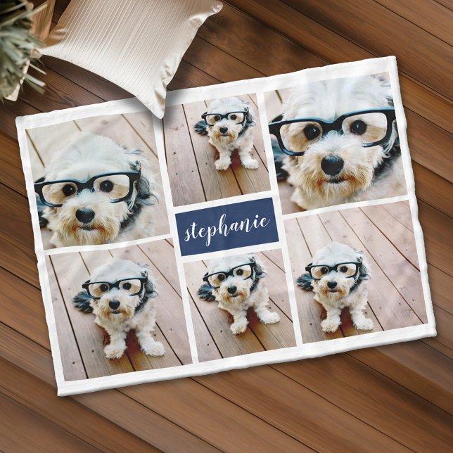 6 Photo Collage Namn-minimalist - kan redigera blå Fleecefilt (Personalized fleece blanket with 6 photos and custom text)